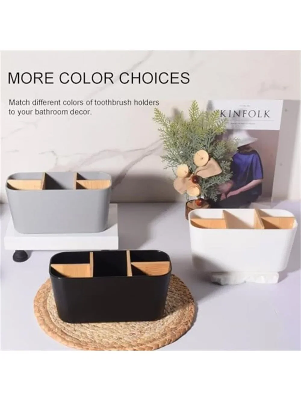 Bamboo Toothbrush Holder 5 Slot Bathroom Countertop Organizer Black Toothpaste